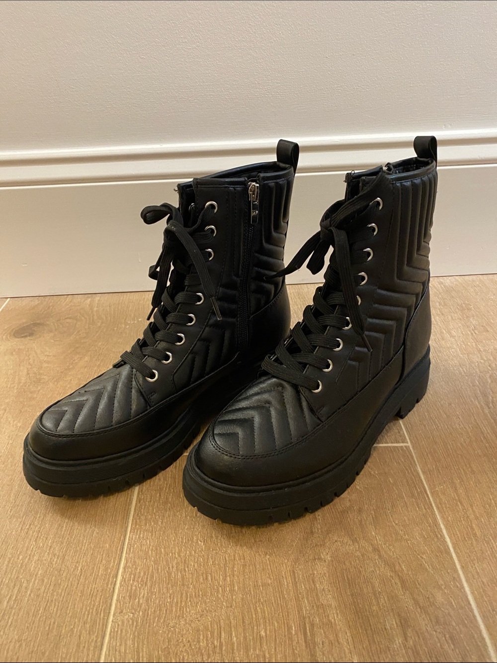 Marc Fisher Black Quilted Lace-Up Ankle Boots with Side Zip